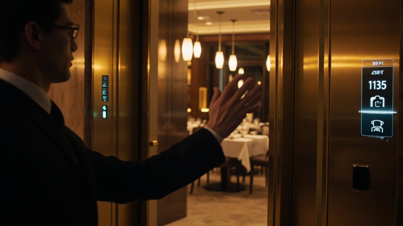 Business traveler using a hotel tablet to control room lighting and temperature, demonstrating smart in-room technology.