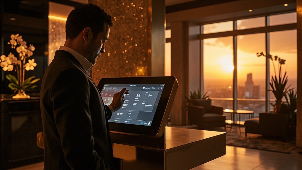 Business traveler using smartphone to adjust smart room lighting with a hotel staff member nearby, illustrating connected hospitality touchpoints