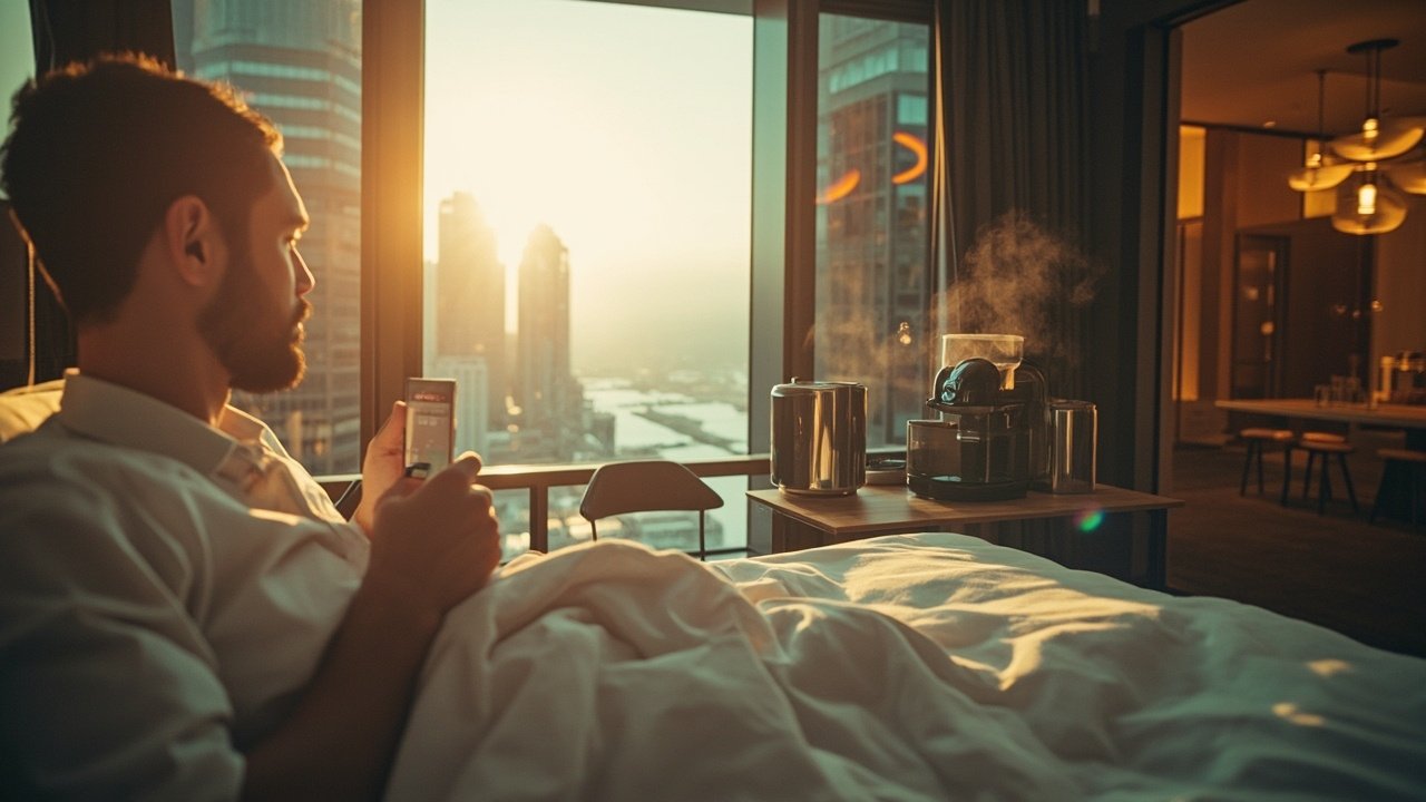 Business traveler using an in‑room smart tablet to adjust room settings, showcasing hotel digital transformation and connected services