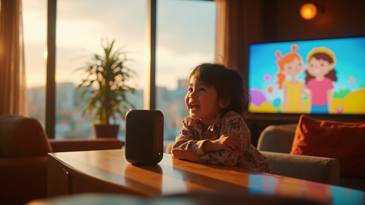 Young child interacting with a smart check-in kiosk in a hotel lobby while parents observe, demonstrating family-friendly hospitality technology in a connected hotel environment.