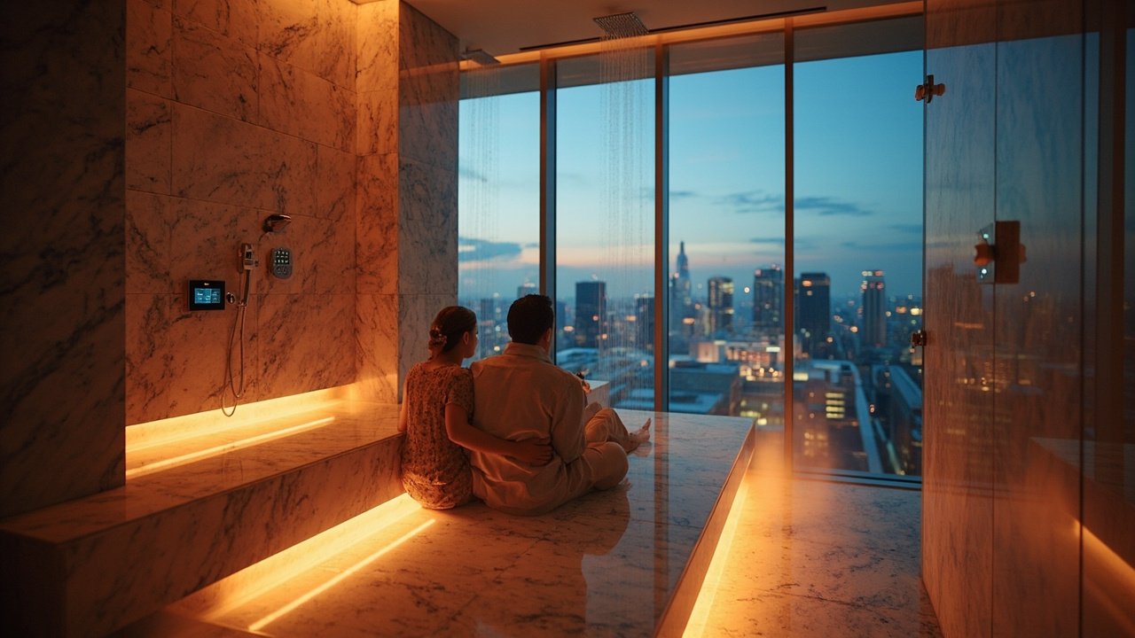 Hotel guests using a smart tablet to control room lighting and ambiance, demonstrating personalized hospitality technology.