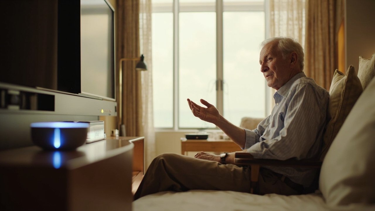 Elderly guest using voice control to adjust room lighting in a modern smart hotel suite, demonstrating accessible hospitality technology.