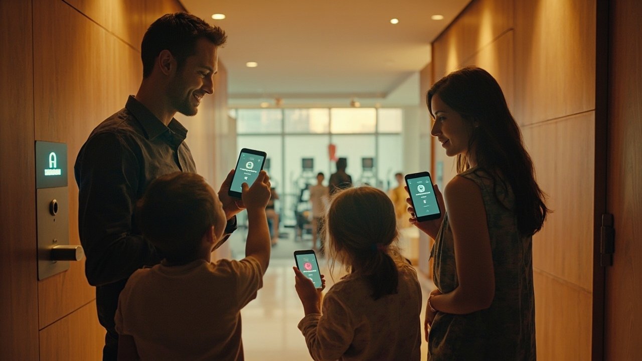 Family of four using mobile check-in and digital key at a smart hotel lobby kiosk, illustrating hospitality technology for family travel.