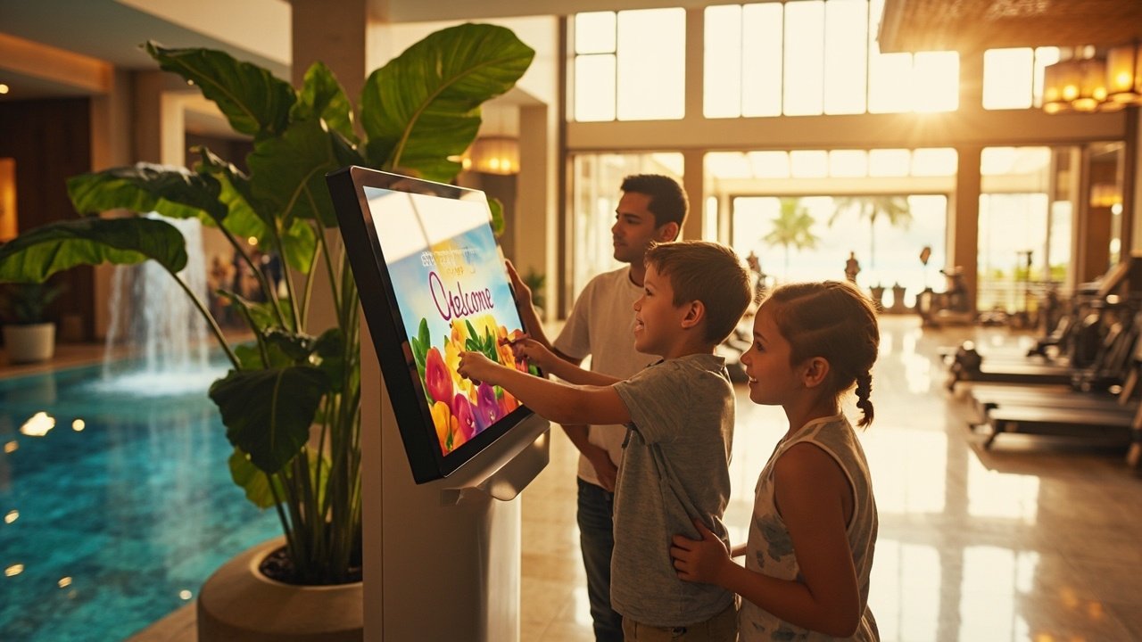A family with two children checking in at a smart hotel using a mobile device, representing connected service touchpoints.