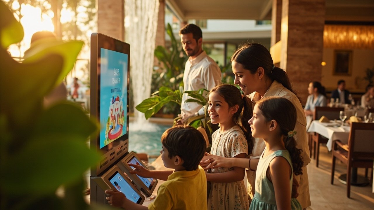 A family with two young children at a smart hotel lobby check-in kiosk, interacting with a touchscreen display while a staff member assists