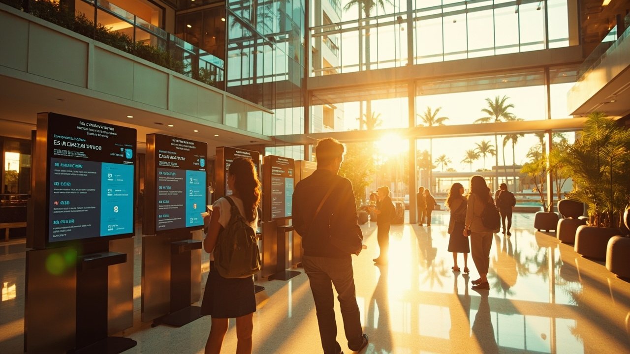 A group of international guests and hotel staff interacting with a digital concierge screen in a modern smart hotel lobby