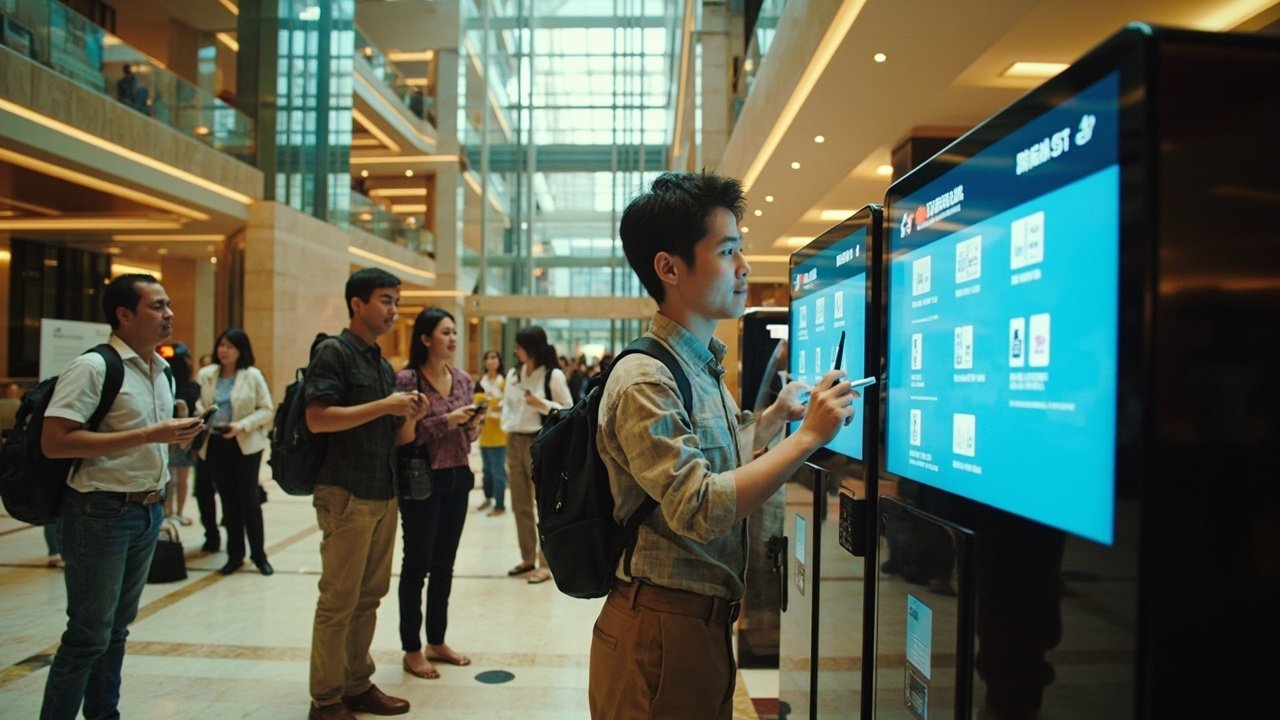 A group of international guests interacting with smart hotel technology at the lobby concierge kiosk and mobile check-in, showcasing hospitality digital transformation.
