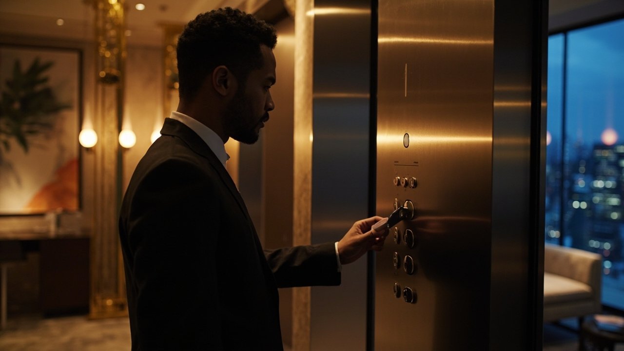 A guest at the hotel interacts with a digital concierge kiosk in a modern lobby, highlighting hospitality technology and smart hotel solutions for an enhanced guest journey.