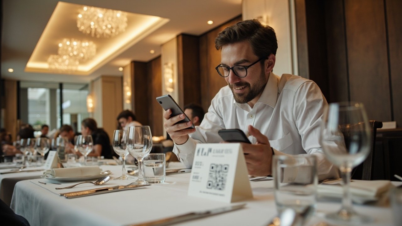 Hotel guest dining in a smart restaurant with a tablet-based menu and digital ordering system, part of a modern smart hotel amenity experience.