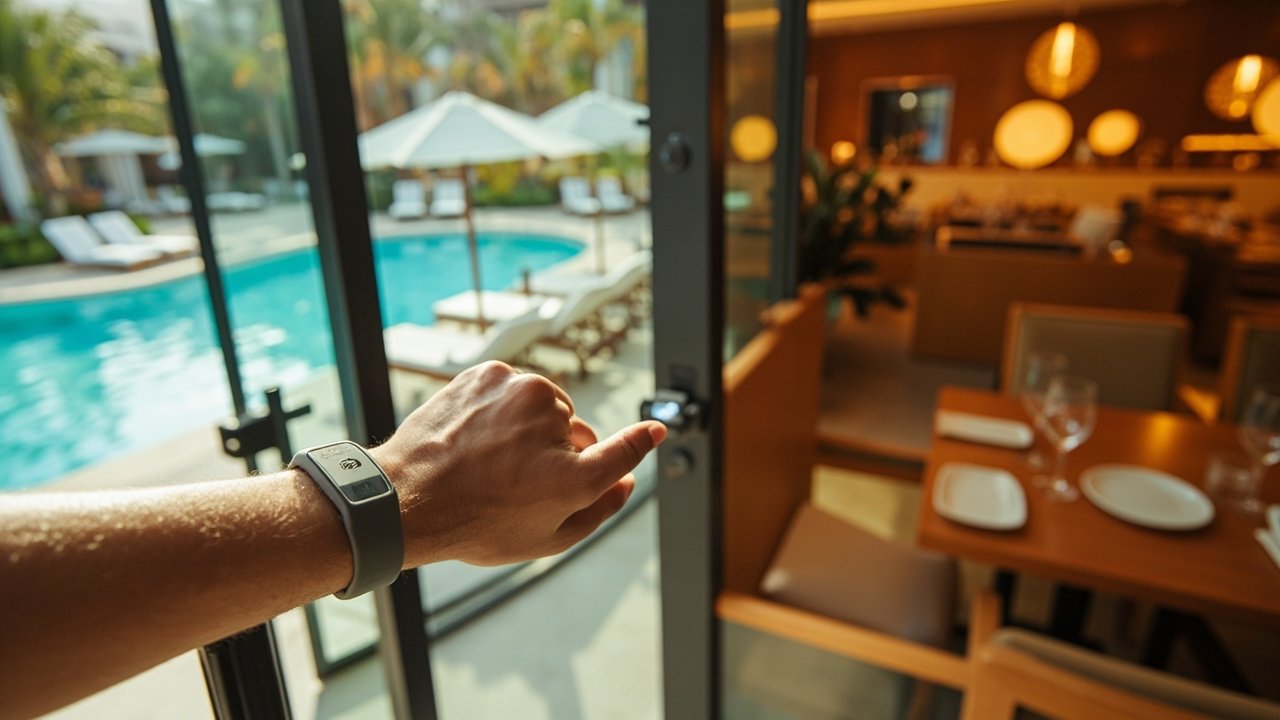 A guest entering a smart hotel lobby with digital check-in kiosk and staff greeting, showcasing hospitality technology integration