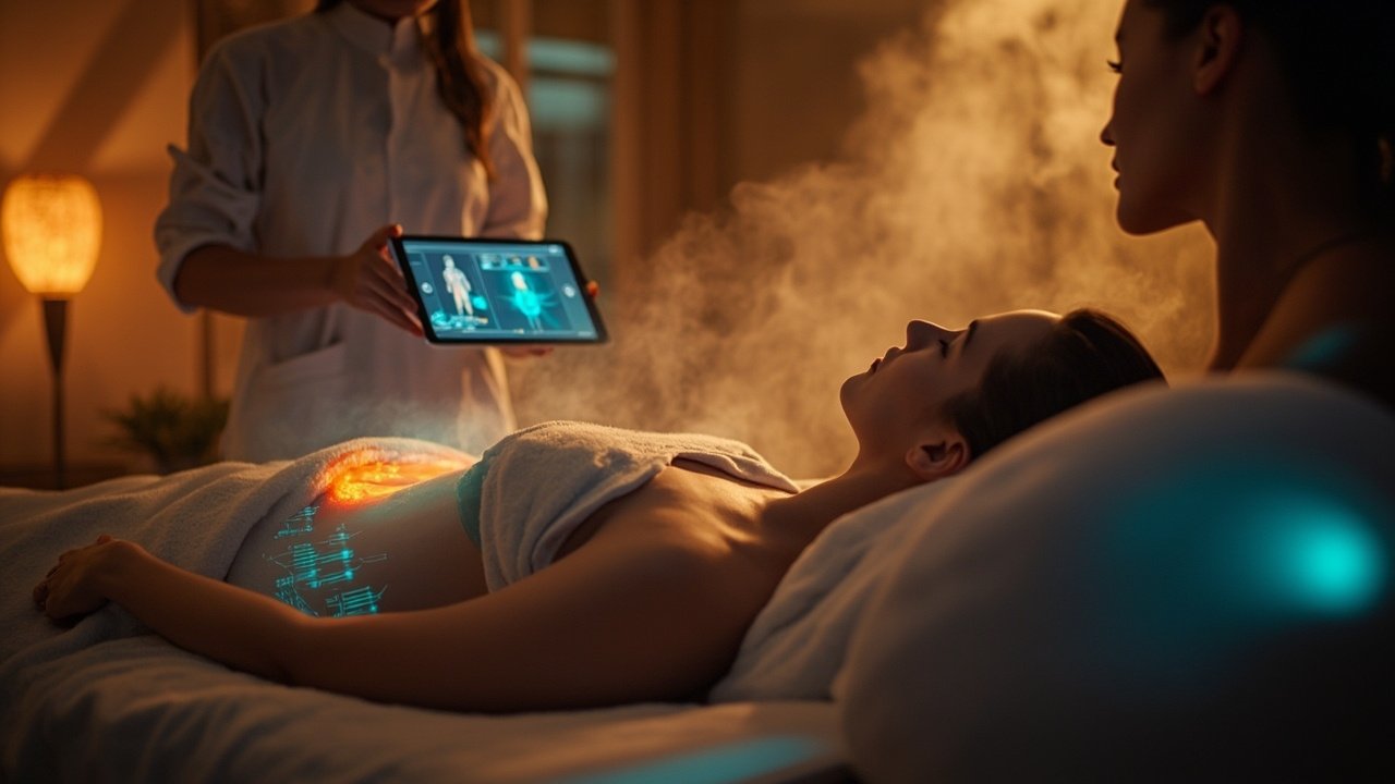 A hotel guest comfortably lying on a smart bed with digital controls visible, illustrating modern smart hotel comfort and technology integration.