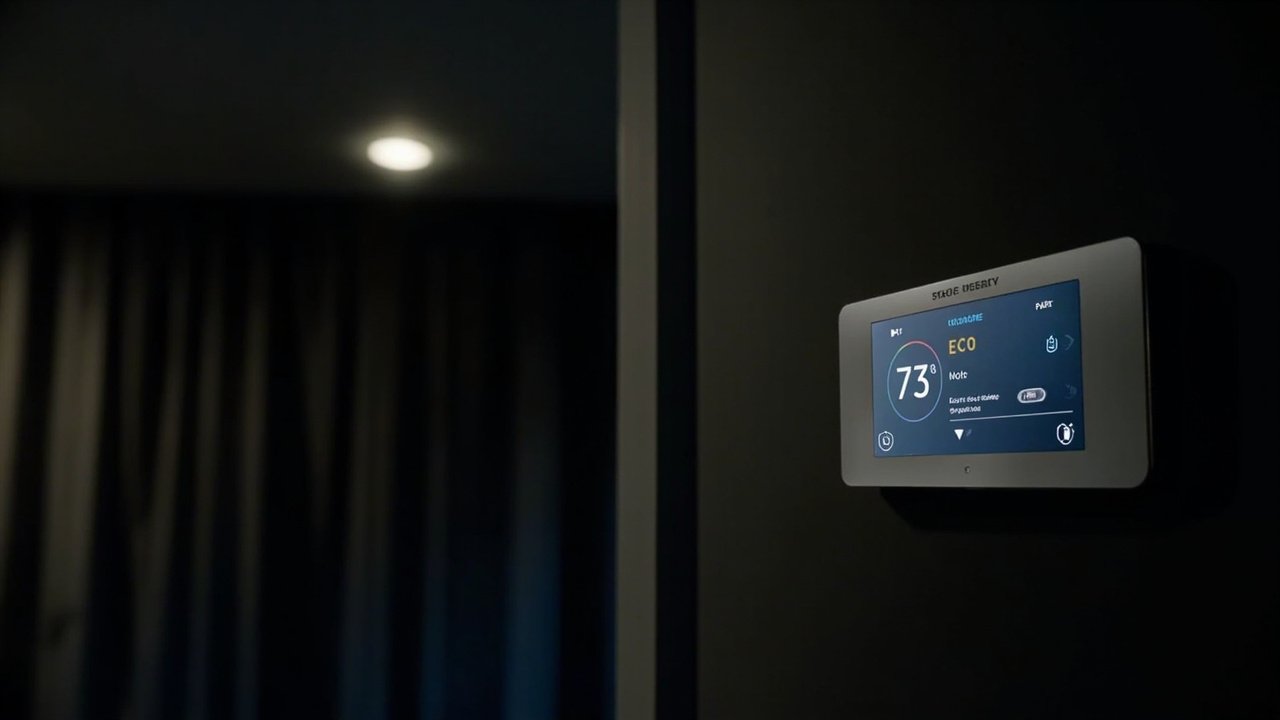 Smart hotel guest room with automated curtains, lighting, and a tablet for in-room control, showcasing modern connected hospitality technology