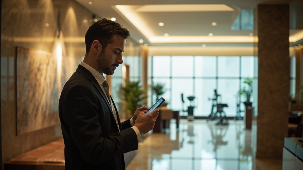 A hotel guest scanning a QR code at a digital kiosk in a modern lobby, illustrating self-service check-in and connected concierge services.