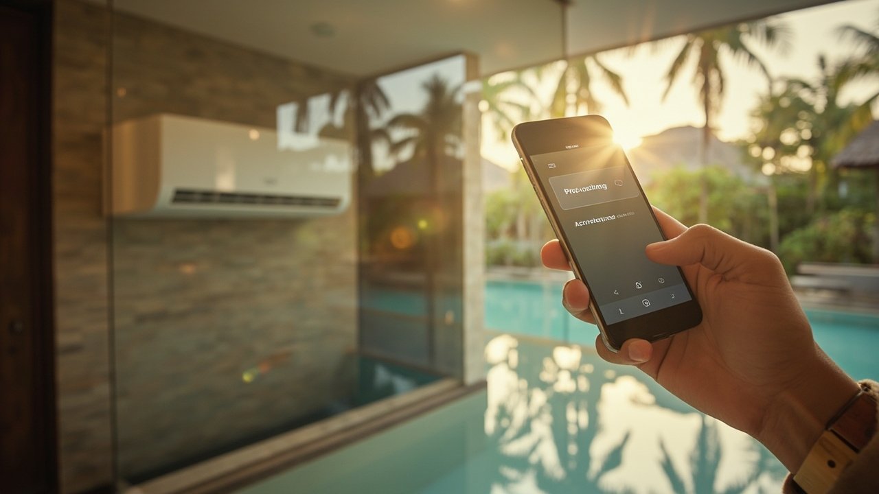 Hotel guest using smartphone to unlock hotel room door via mobile app, showcasing smart hotel technology for contactless check-in and seamless guest journey.