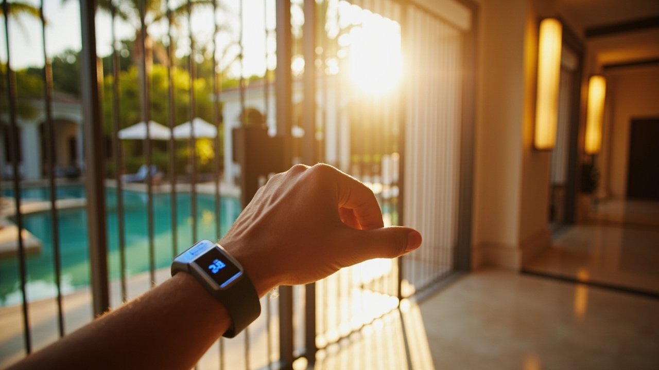A hotel guest wearing a smart wristband adjusts the in-room lighting and temperature using a wearable device in a modern smart hotel room with digital controls