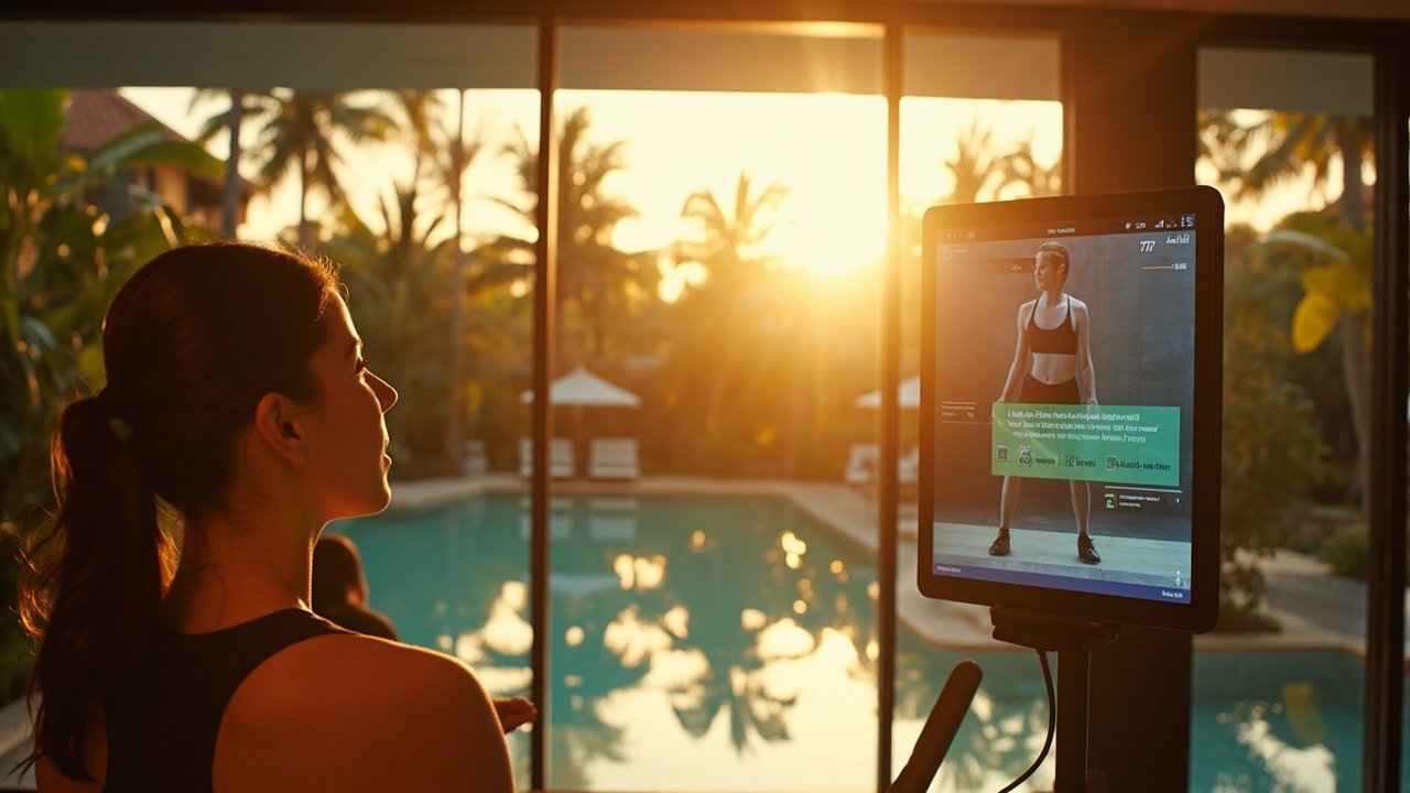 A hotel guest using a self-service check-in kiosk in a modern lobby, with a staff member nearby assisting, representing smart hotel technology in action.