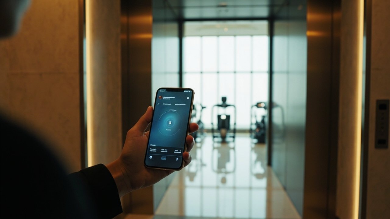 A hotel guest using their smartphone to access smart room controls or digital concierge services, illustrating hospitality digital transformation in action.