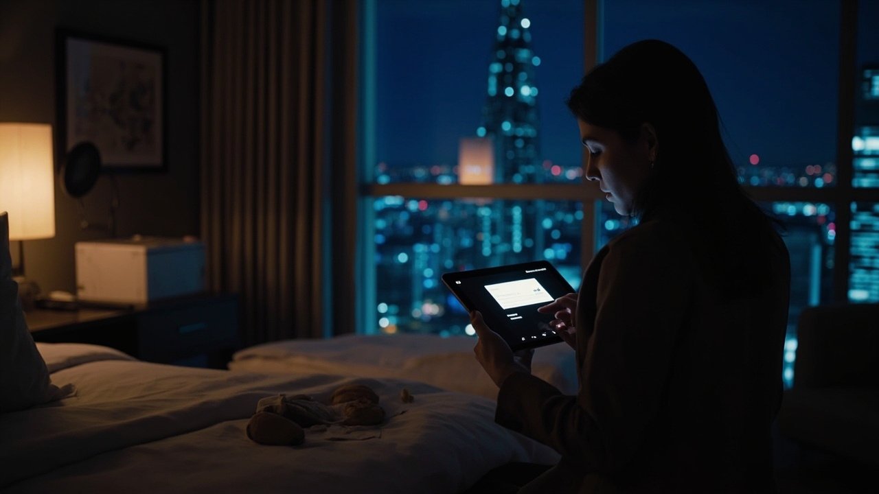 A hotel guest using voice control to adjust room lighting and temperature in a modern smart hotel room, demonstrating guest room automation and connected in-room experience.