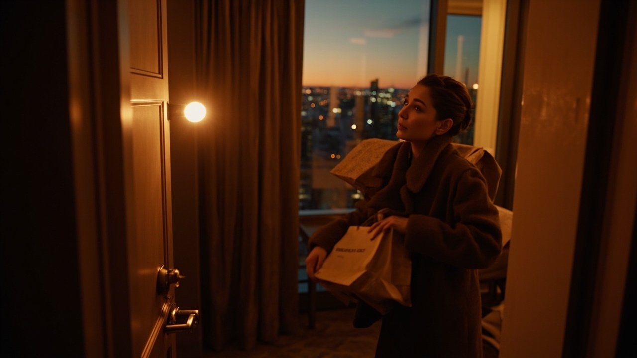 A hotel guest with arms full of luggage approaches a smart check-in kiosk while a staff member uses a tablet to assist, illustrating a seamless smart hotel arrival experience.