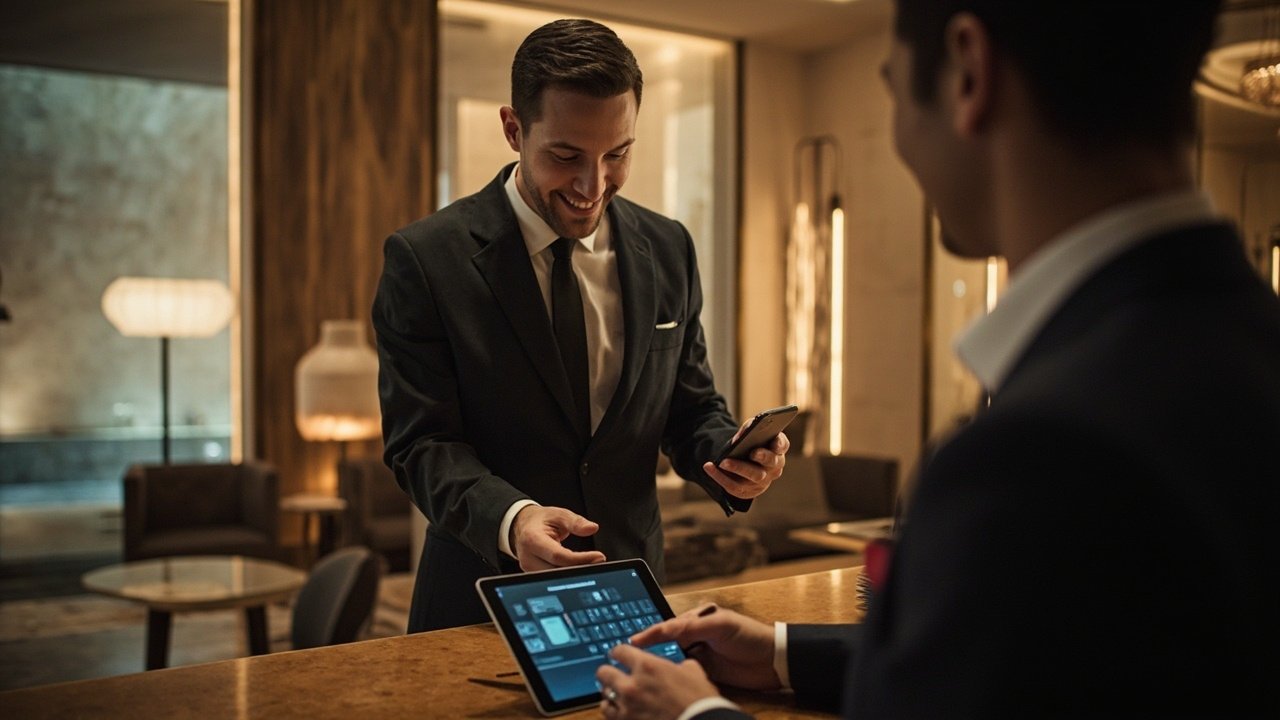 A modern hotel lobby featuring a sleek self-service kiosk, digital signage displays, and a connected concierge touchpoint helping guests navigate the arrival journey seamlessly.