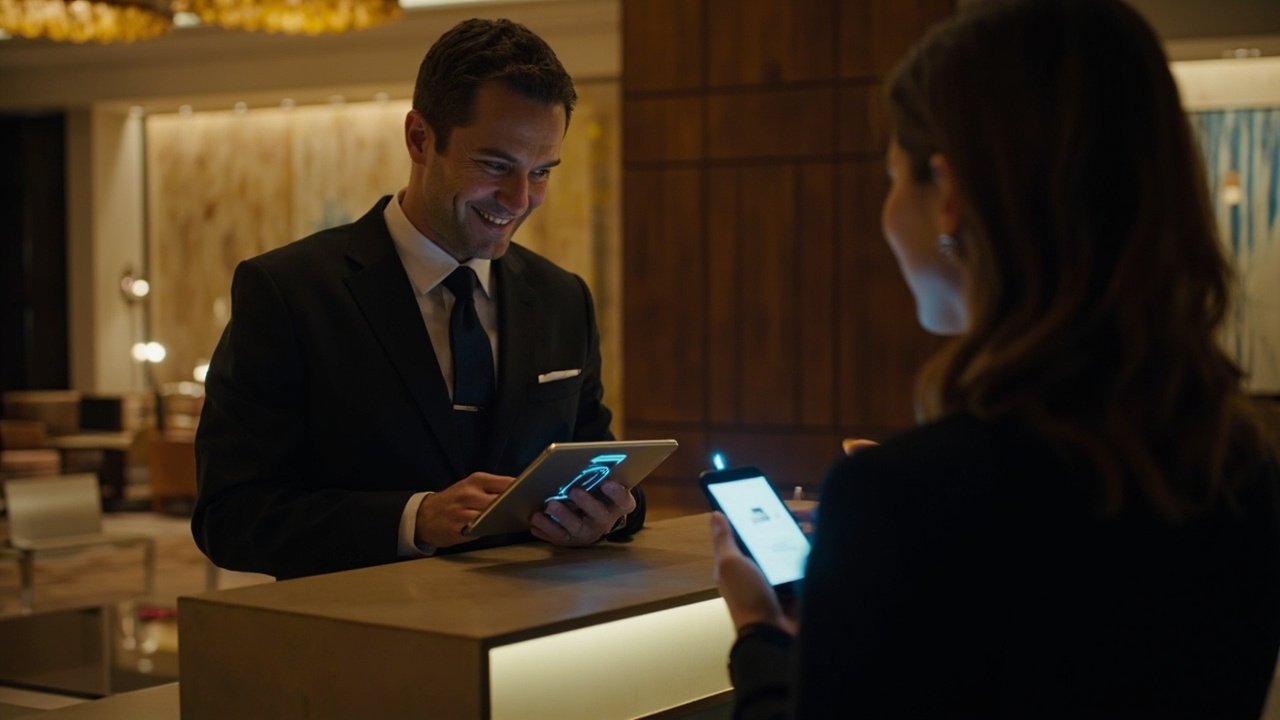 Hotel lobby with digital self-service check-in kiosks and interactive signage for connected concierge services, illustrating a smart hotel arrival journey.
