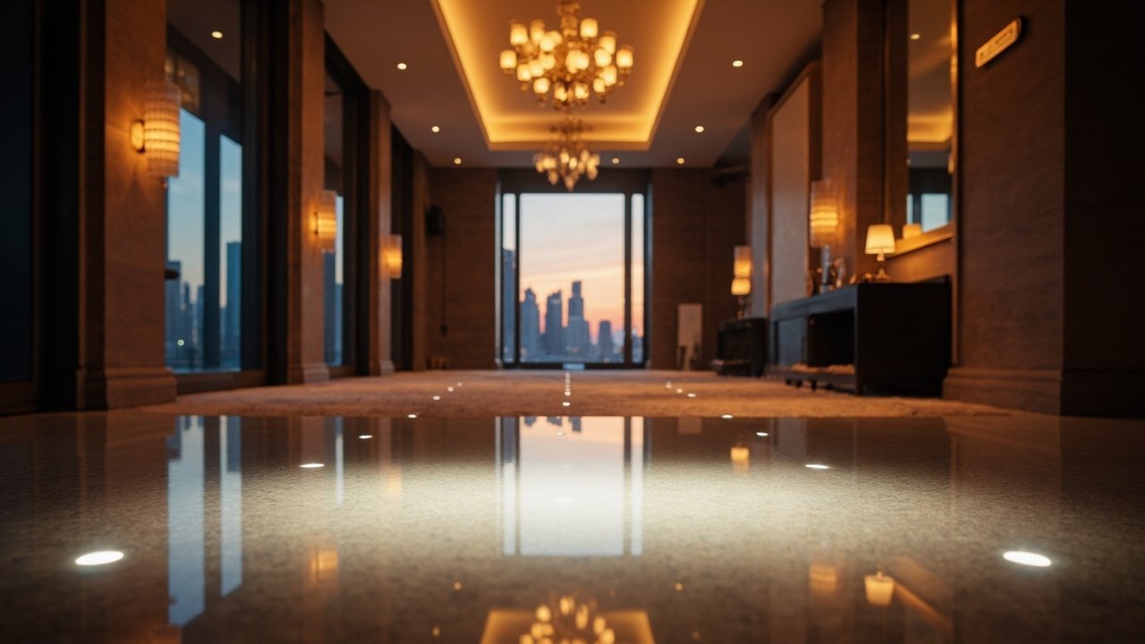 Hotel corridor with advanced smart infrastructure including security cameras, network access points, and building system sensors integrated into the ceiling and walls