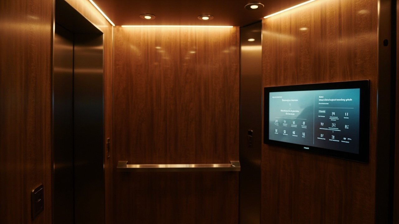 Modern hotel lobby with self-service kiosks and digital signage, part of a connected arrival journey