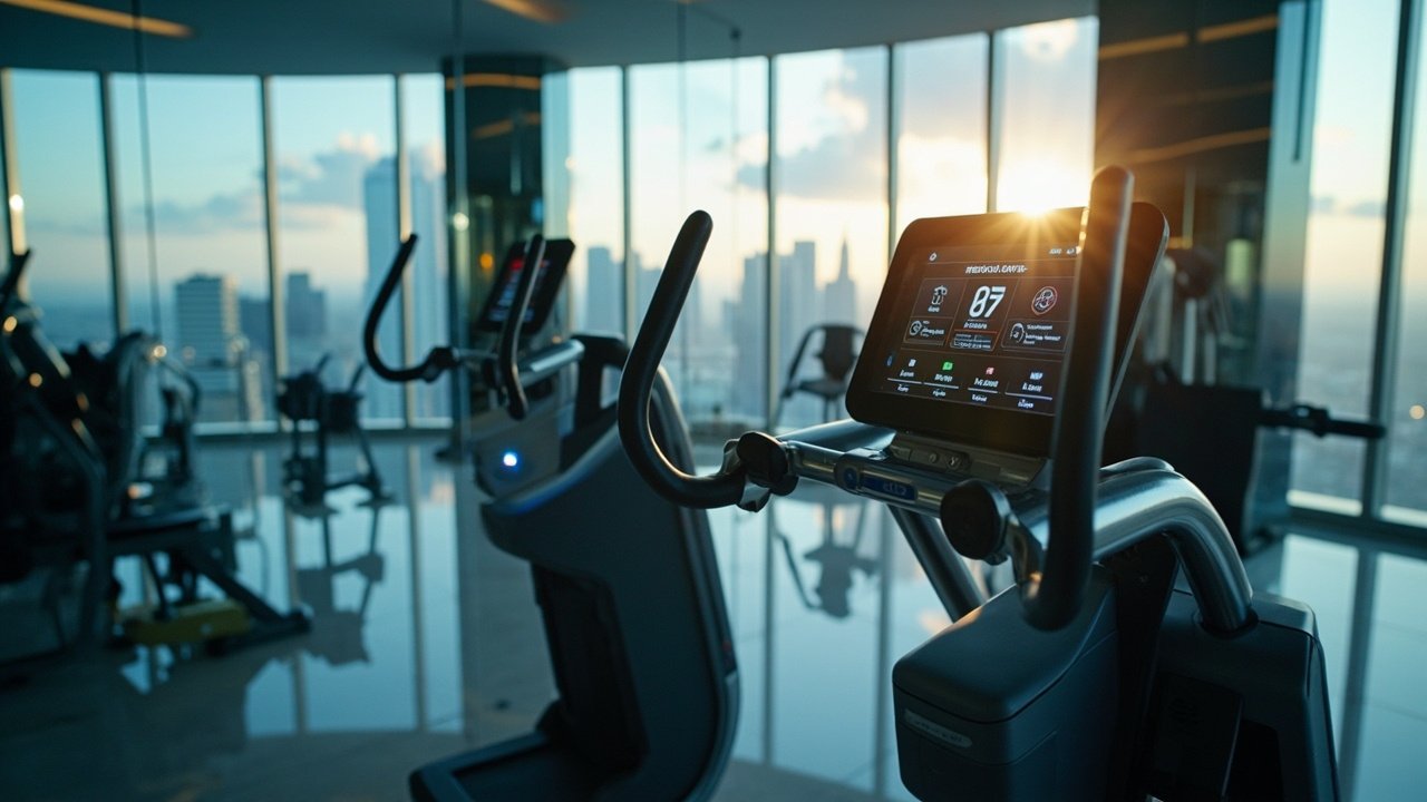 Modern hotel fitness center with smart mirrors, digital booking kiosk, and guests using touchscreen equipment for personalized workouts