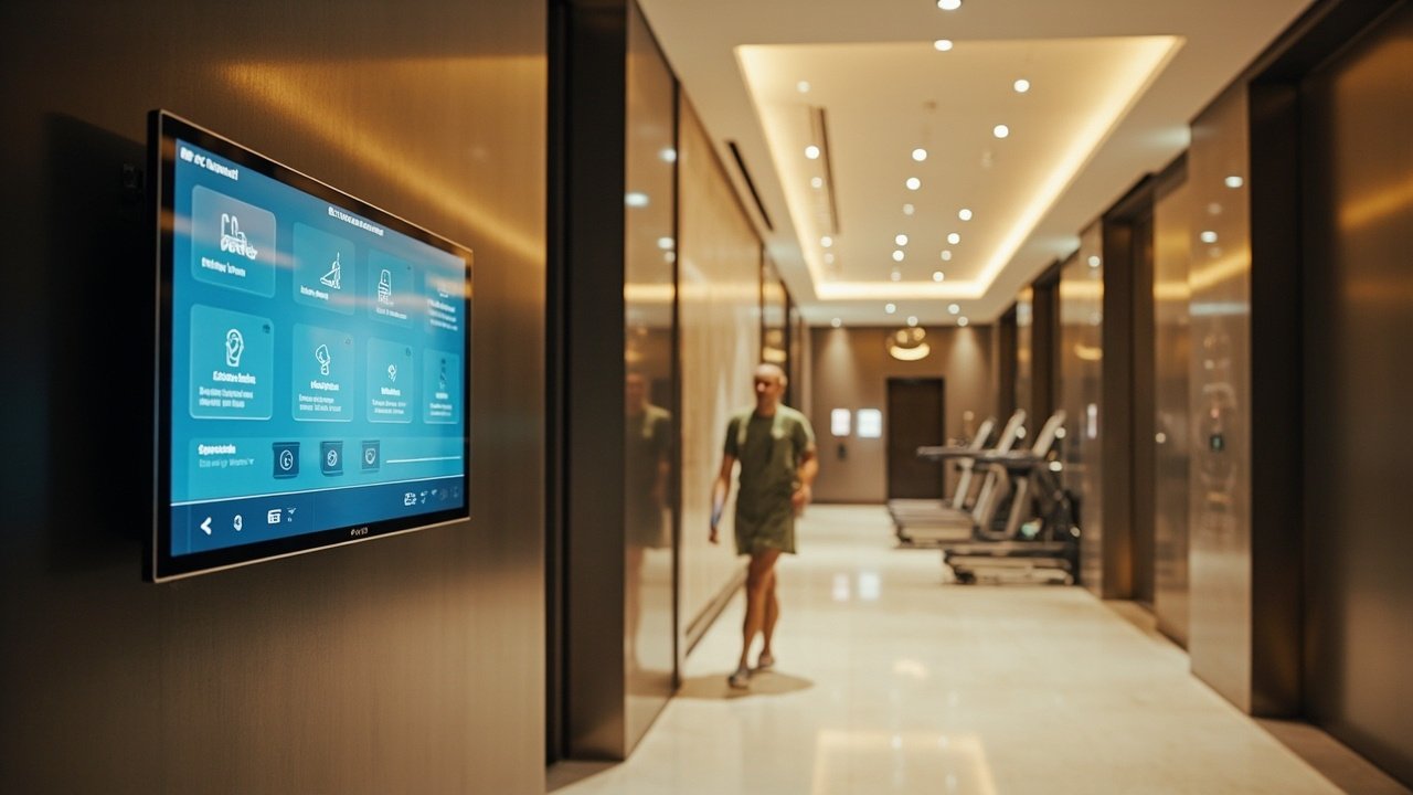 A modern hotel fitness center with smart cardio machines, a digital kiosk for booking classes, and a guest using a tablet to access a virtual workout program