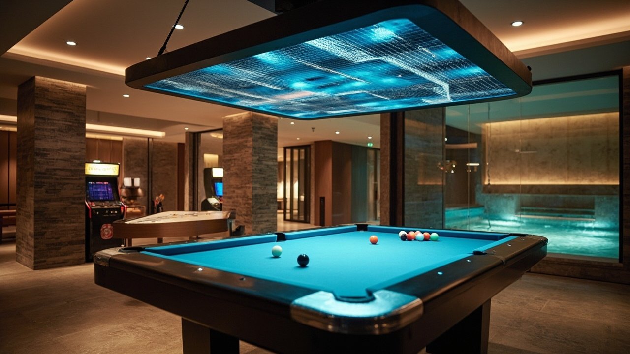 A hotel guest using a tablet to control smart room features, including lighting and entertainment settings, in a modern connected guest room.