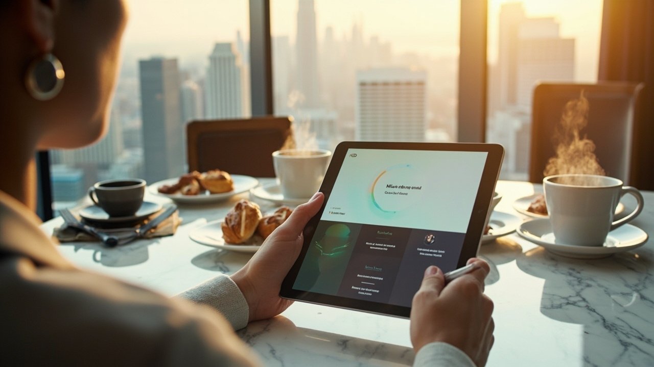 Hotel guest using a tablet to order room service in a smart hotel lobby with staff nearby