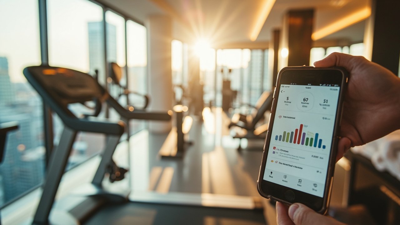 Modern hotel gym with smart fitness equipment connected to a digital guest experience platform, displaying real-time exercise data on a touchscreen console.