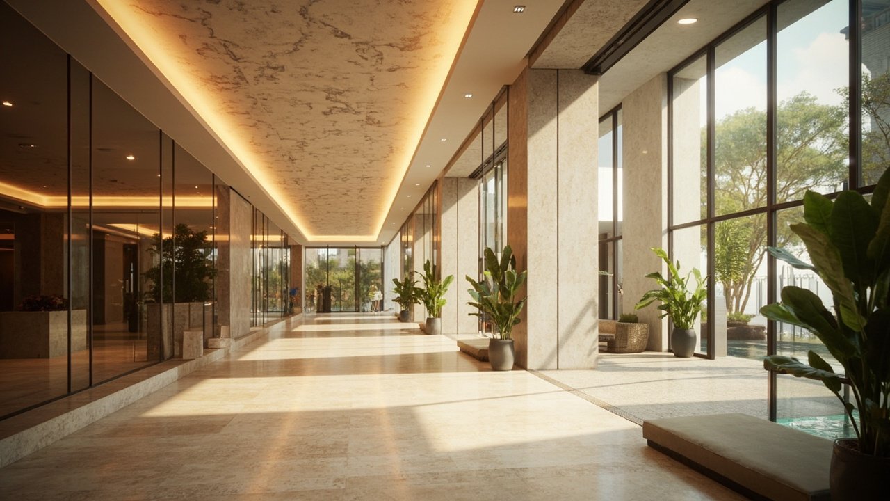 Digital signage and self-service kiosks in a modern hotel lobby with connected concierge services, highlighting the digital transformation of guest arrival.