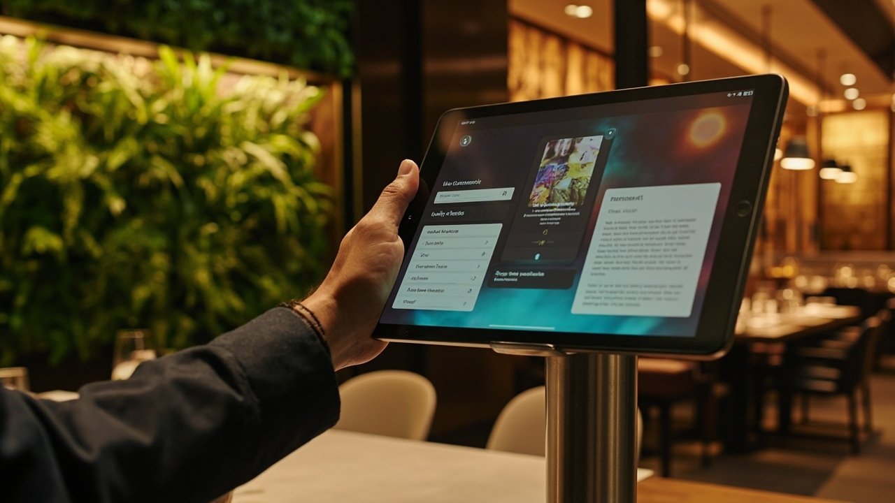 A modern hotel lobby with digital kiosks, interactive signage, and a connected concierge service area, illustrating self-service check-in and digitized guest arrival journey.