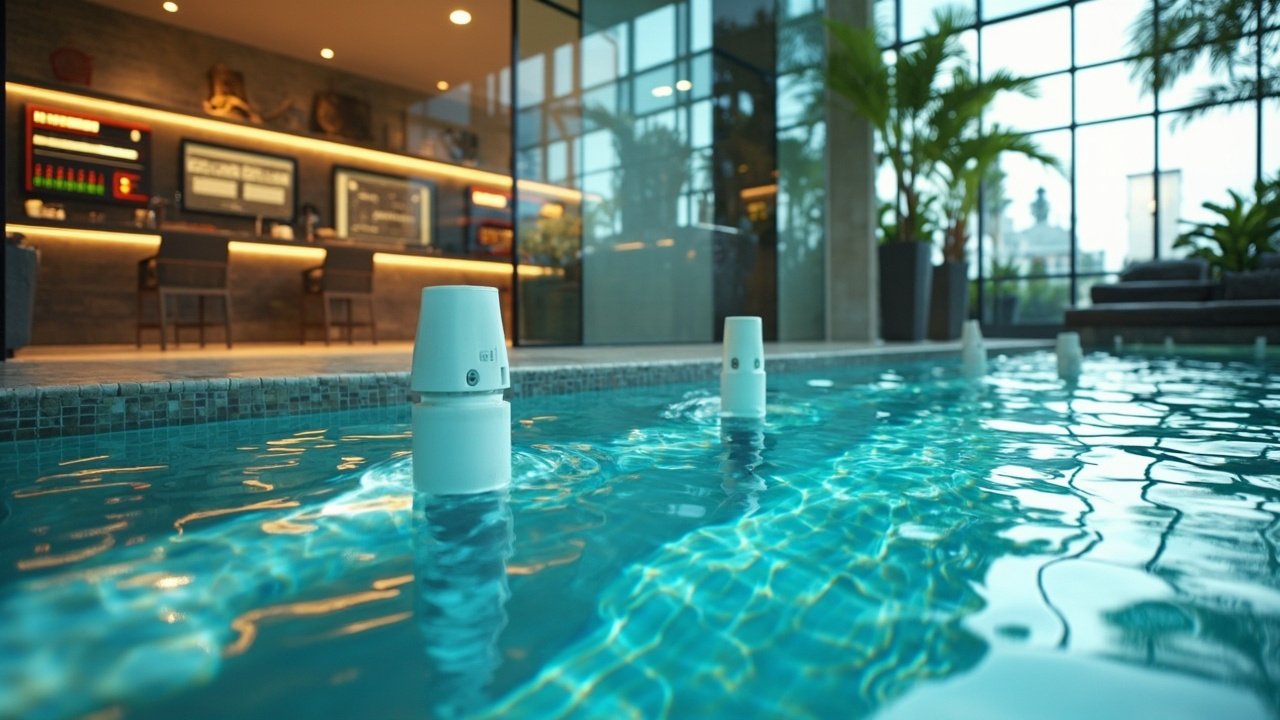 A modern hotel pool area with digital service touchpoints such as smart lighting, tablet-based ordering, and interactive displays enhancing the guest experience.
