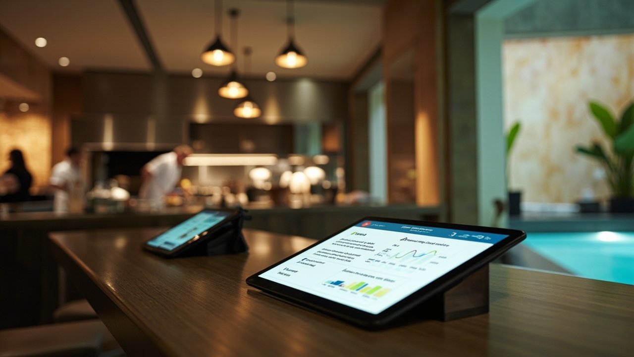 Hotel restaurant with digital ordering tablets and ambient lighting, representing digitized dining and wellness amenities in a smart hotel setting.