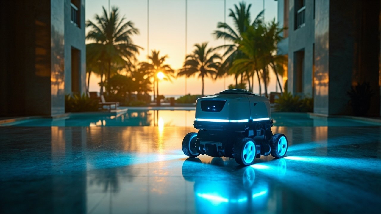 Service robot delivering amenities to a hotel guest in the lobby, representing the shift from novelty to operational hospitality technology.