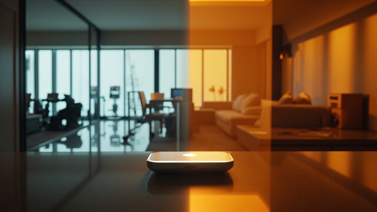 Modern smart hotel room with a tablet control panel on the nightstand, a voice assistant speaker, and automated lighting and curtains creating a connected in-room experience.