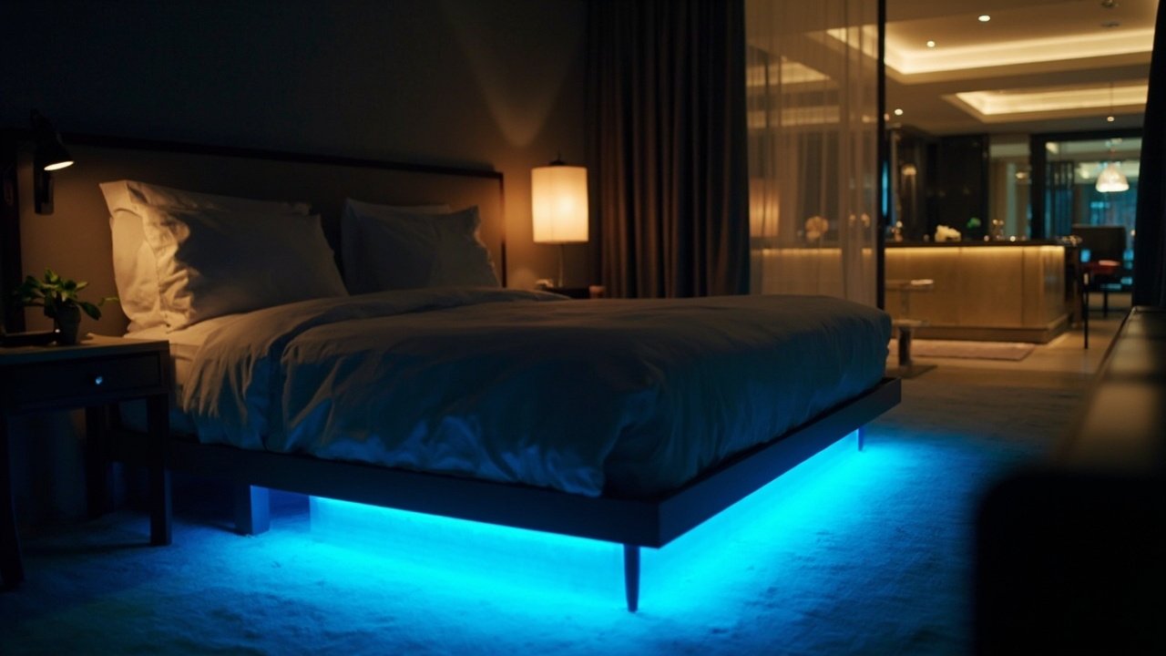 Smart hotel room with connected control devices and display systems