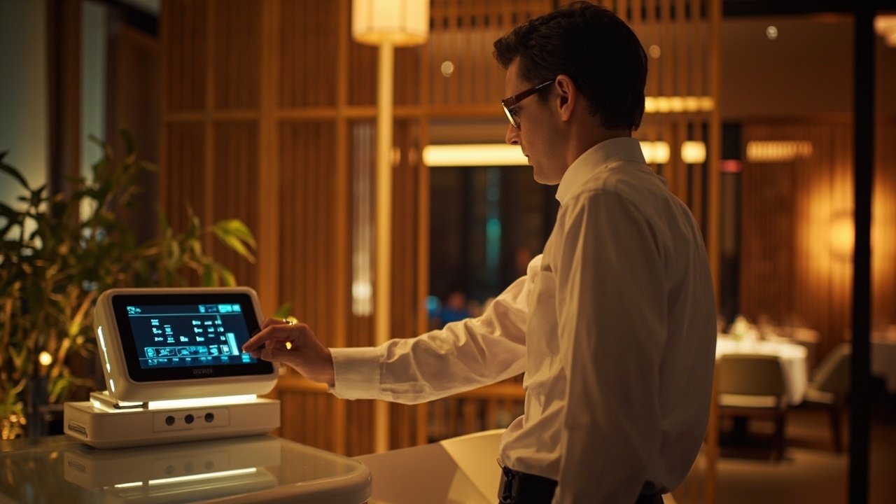 Digital registration kiosk and tablet interface at a hotel spa reception area, part of a smart hotel amenity experience with modern hospitality technology.