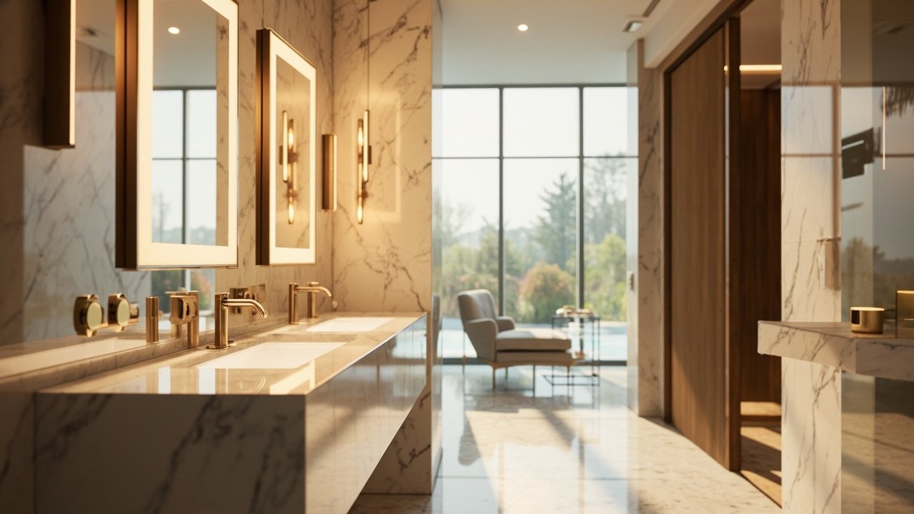 Guests interacting with a smart mirror in a luxury hotel bathroom, with staff nearby, illustrating smart hospitality transformation.