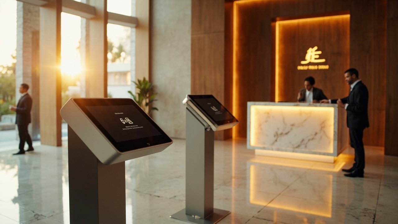 Modern smart hotel lobby with integrated digital touchpoints and guest-service interfaces