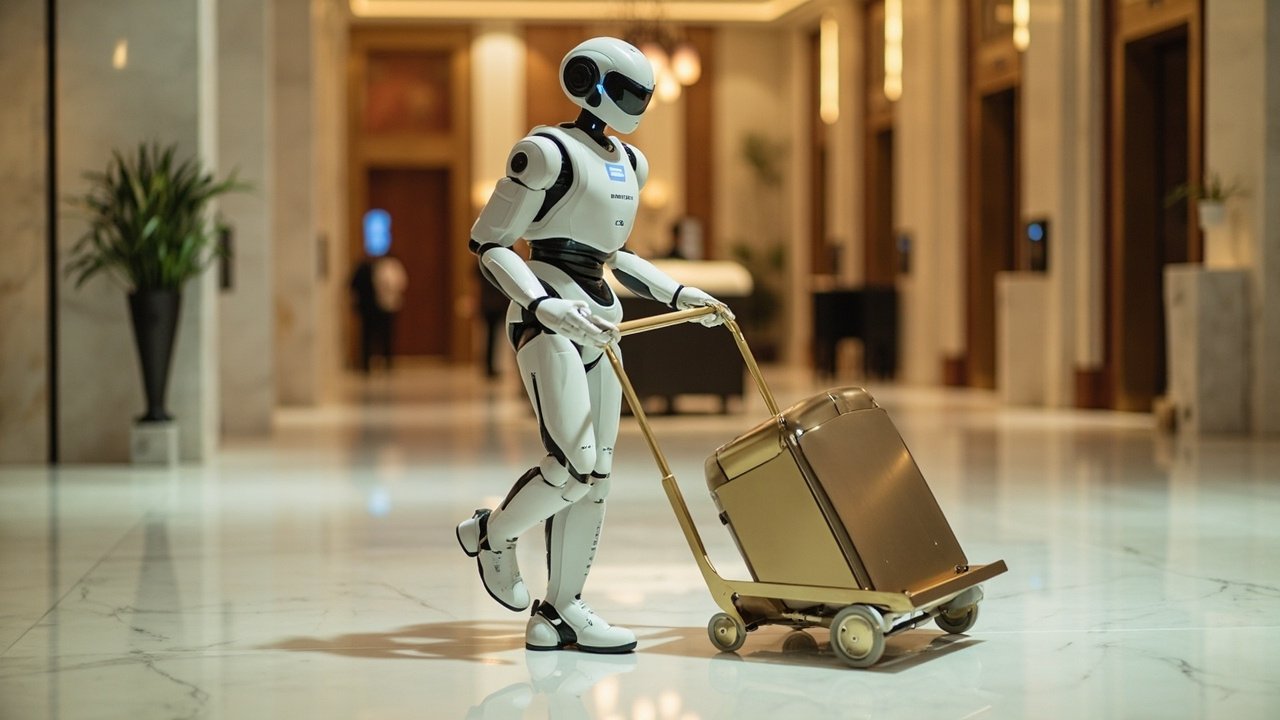 A service robot in a hotel lobby interacting with guests, highlighting autonomous service as standard hotel infrastructure.