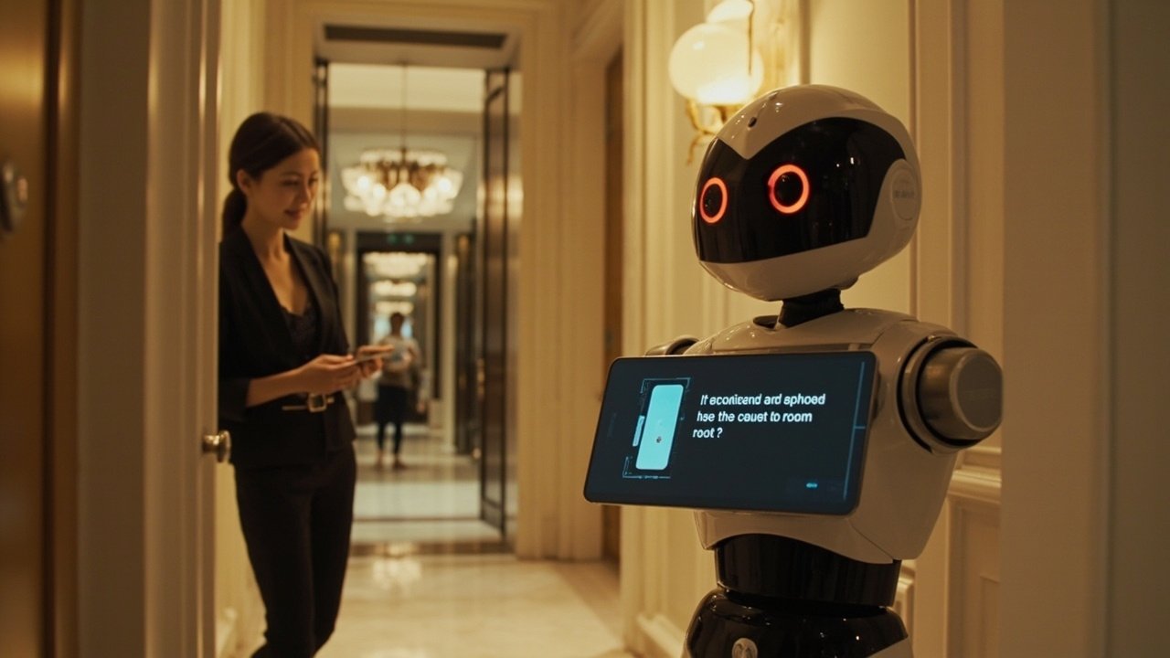 A sleek service robot in a hotel lobby interacting with a guest, holding a tray with amenities, symbolizing modern smart hotel automation and contactless delivery workflows.