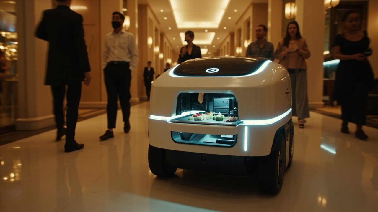 A sleek delivery robot navigates a hotel corridor, interacting with a guest and staff member, illustrating autonomous hospitality workflows in a modern smart hotel environment.