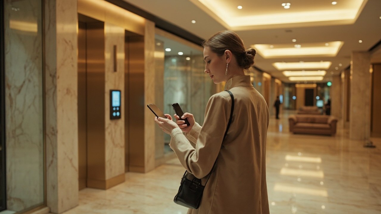 A solo female traveler using a smart hotel tablet in a modern hotel lobby with friendly staff nearby