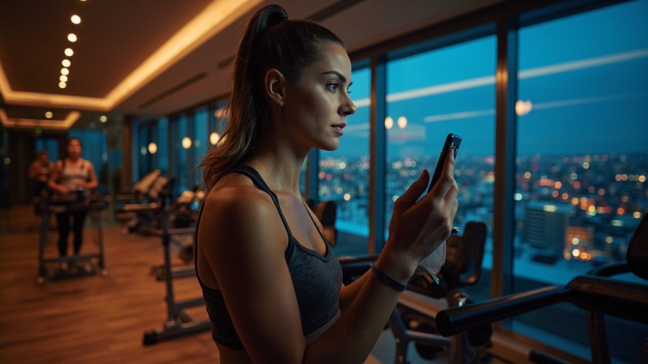 A solo female traveler checking into a smart hotel using a digital key on her smartphone near a tablet-configured lobby kiosk