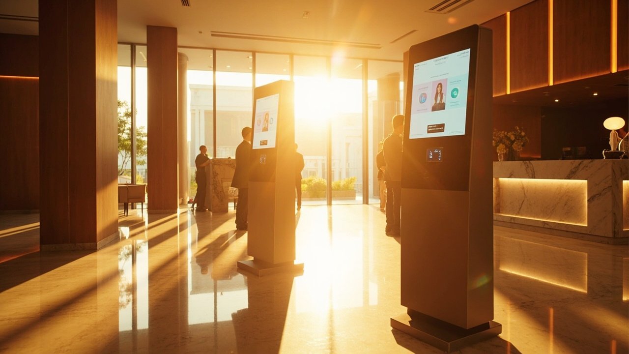 A smart hotel lobby scene with guests and staff interacting with digital check-in kiosk and connected service touchpoints